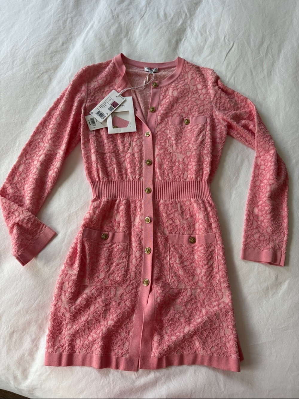 CHANEL Pink Lace-Textured Button-Front Knit Dress Cardigan - Picture 3 of 13